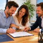 Couple signant un compromis de vente immobilier avec leur agent dans une agence à Tours