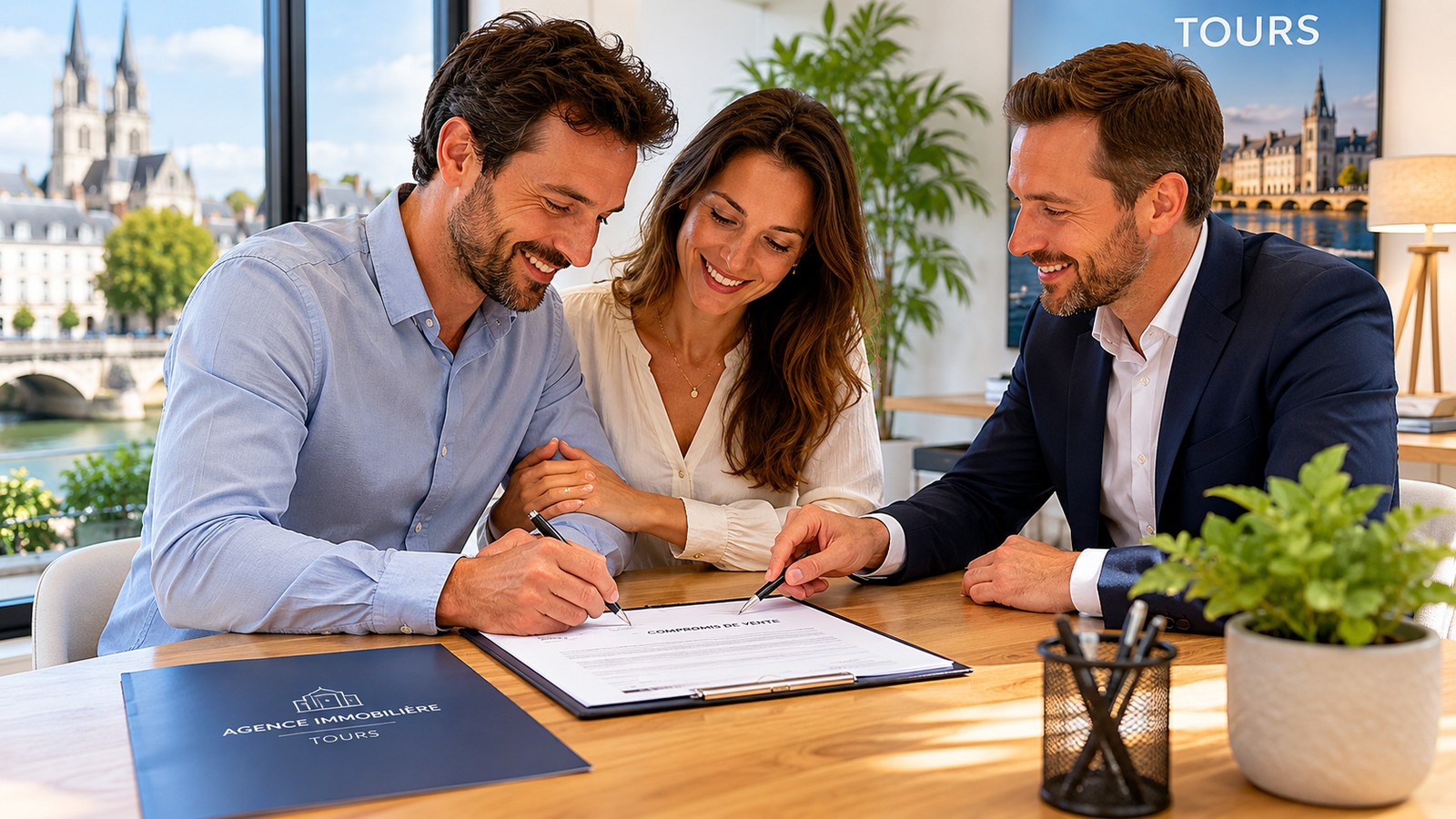 Couple signant un compromis de vente immobilier avec leur agent dans une agence à Tours