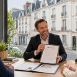 Agent immobilier presentant un mandat de vente a un couple a Tours