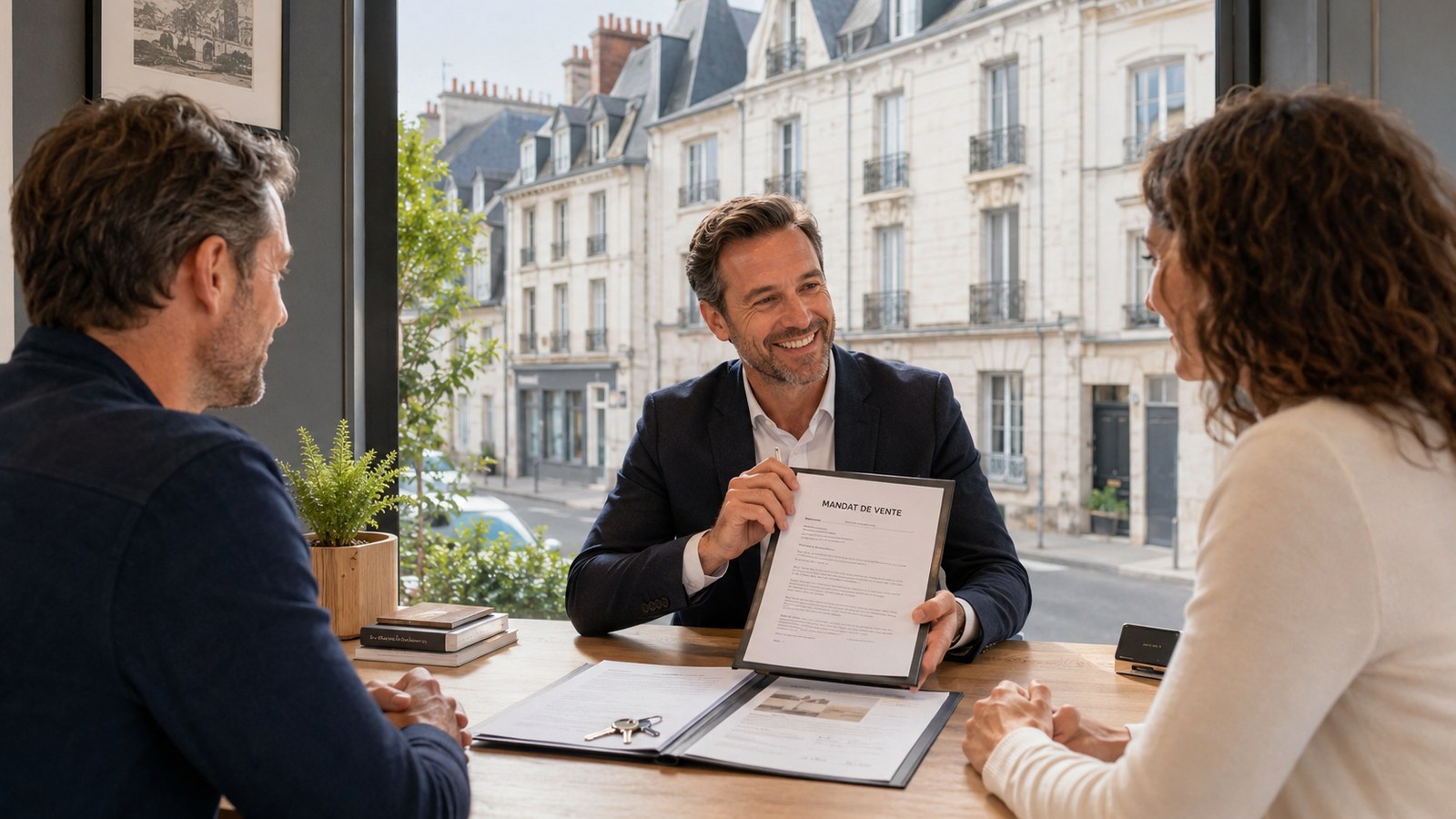 Agent immobilier presentant un mandat de vente a un couple a Tours