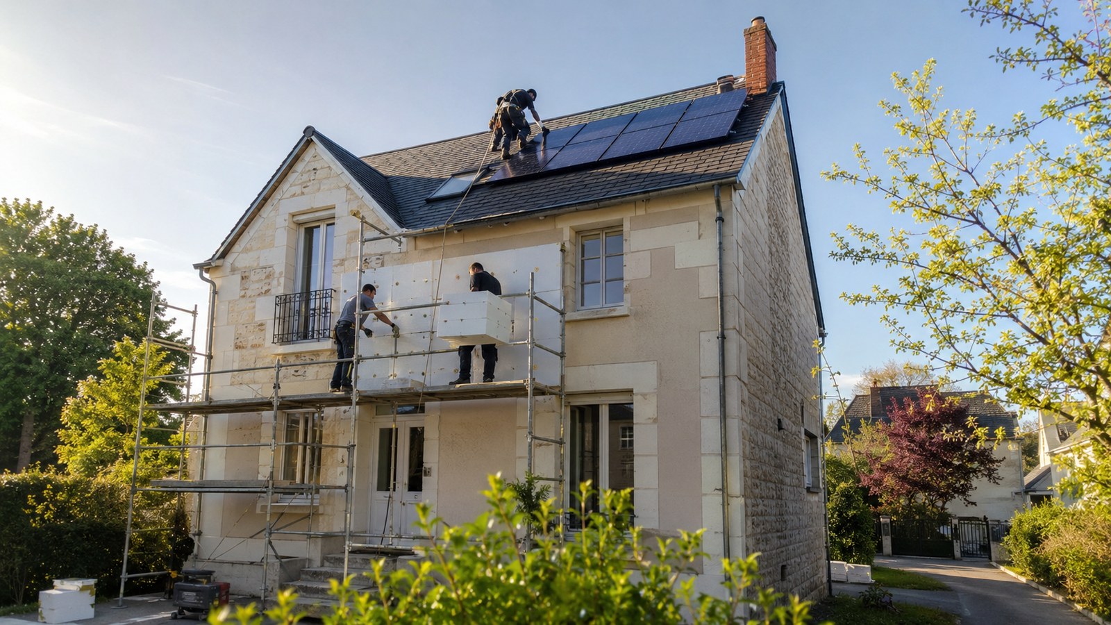Renovation energetique d'une maison en pierre de tuffeau a Tours : isolation thermique exterieure et panneaux solaires.