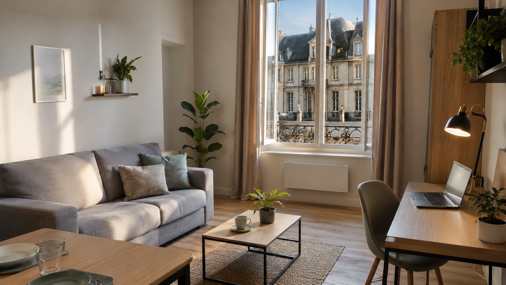 Studio meublé lumineux à Tours pour bail mobilité avec vue sur immeubles en pierre de tuffeau