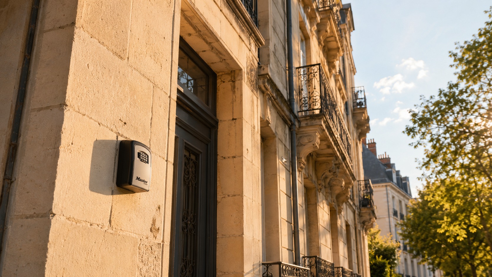 Facade en pierre de tuffeau du Vieux-Tours avec boite a cles pour location saisonniere