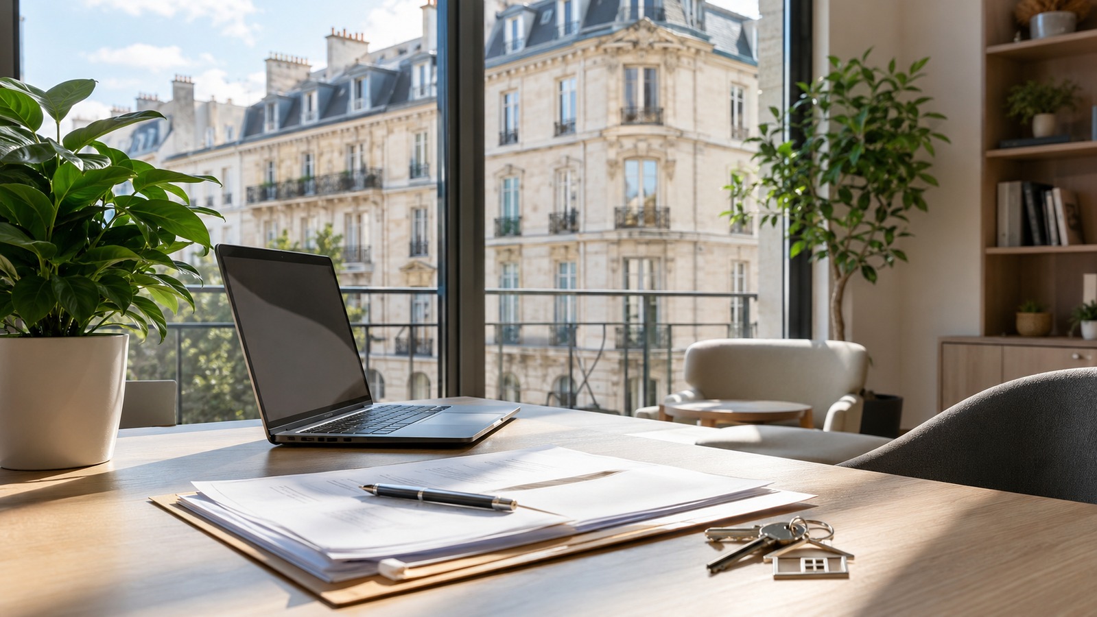 Bureau d'agence immobilière à Tours avec vue sur immeuble haussmannien en tuffeau