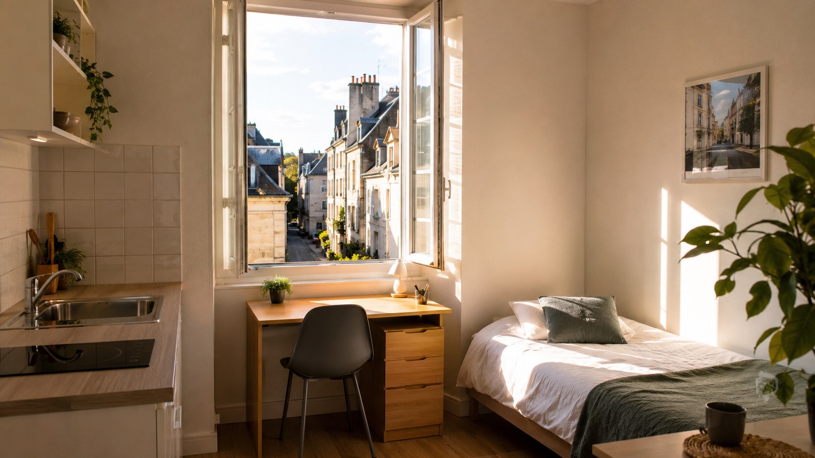 Studio meublé étudiant à Tours avec vue sur une rue tourangelle