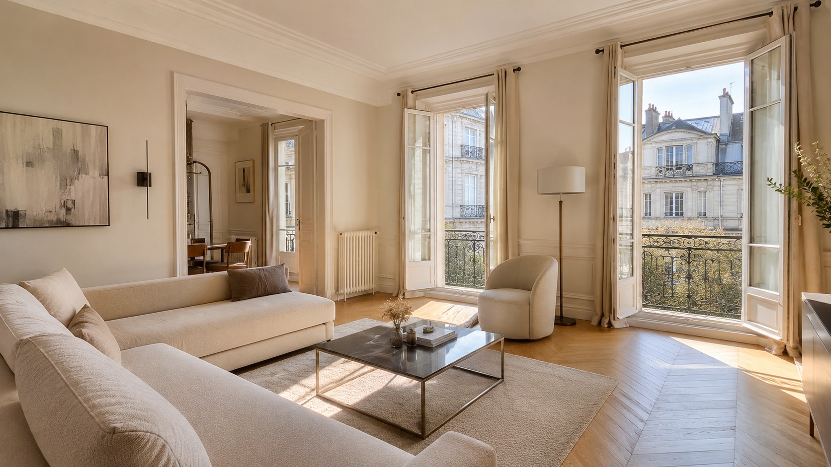 Salon lumineux d'un appartement tourangeau haussmannien vue sur immeubles