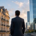 Investisseur observant deux profils d'immeubles : haussmannien et tertiaire moderne, symbolisant le choix entre SCPI et investissement locatif à Tours