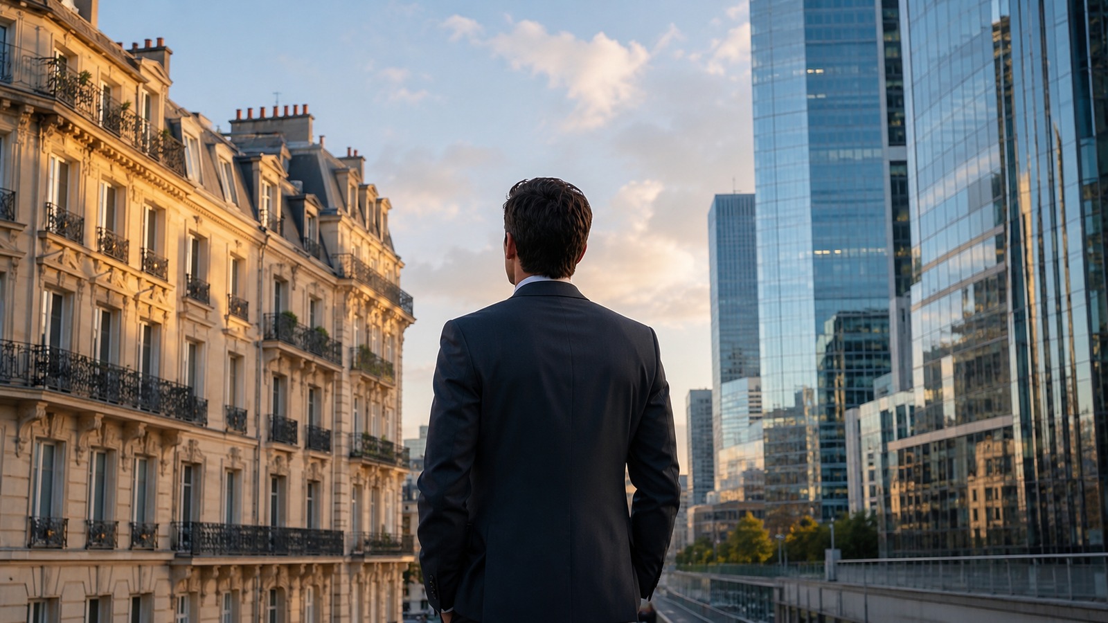 Investisseur observant deux profils d'immeubles : haussmannien et tertiaire moderne, symbolisant le choix entre SCPI et investissement locatif à Tours