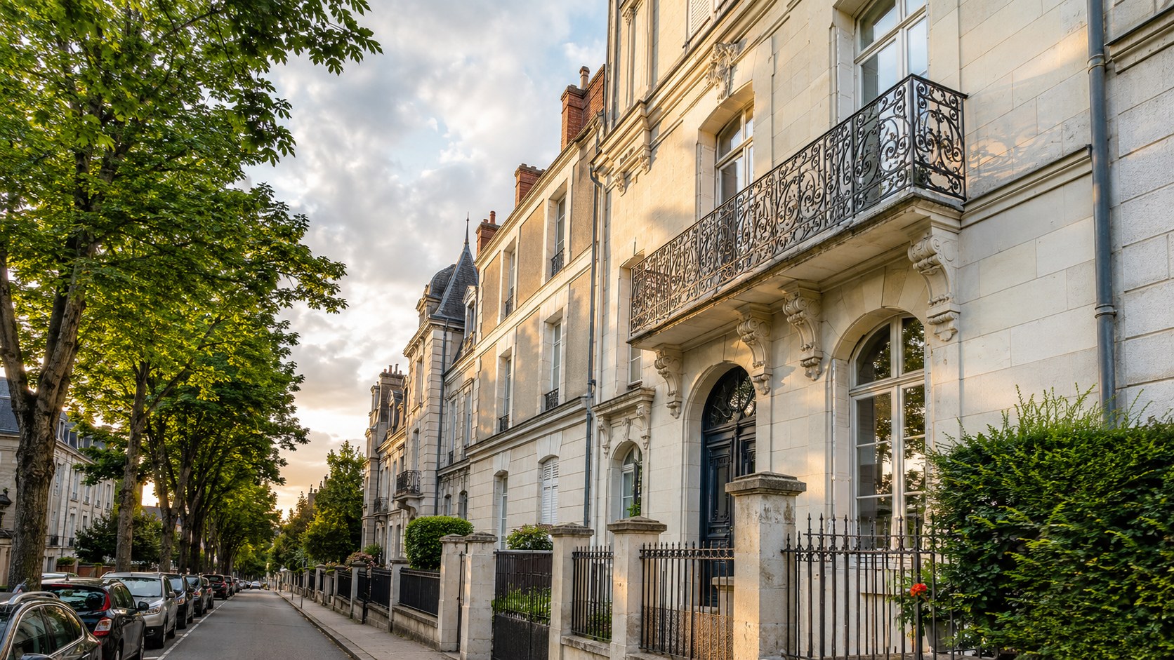 Immeuble ancien en tuffeau blanc du quartier des Prébendes à Tours avec balcon en fer forgé
