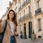 Etudiante souriante avec ses cles devant un immeuble tourangeau, rentree 2026 a Tours