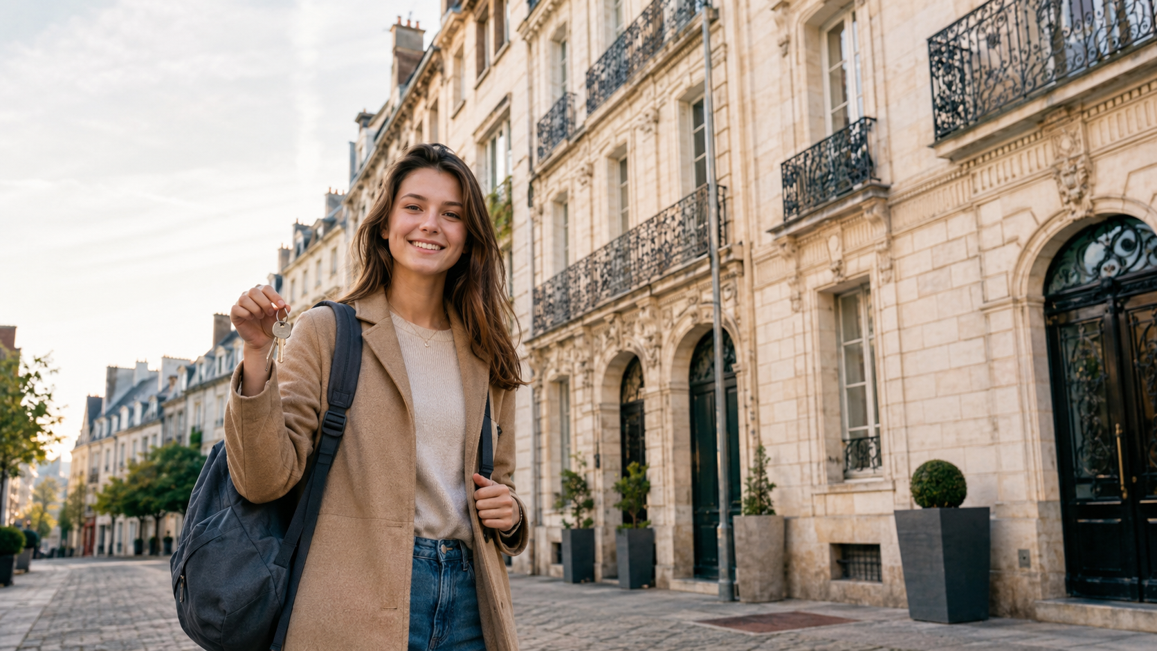 Etudiante souriante avec ses cles devant un immeuble tourangeau, rentree 2026 a Tours