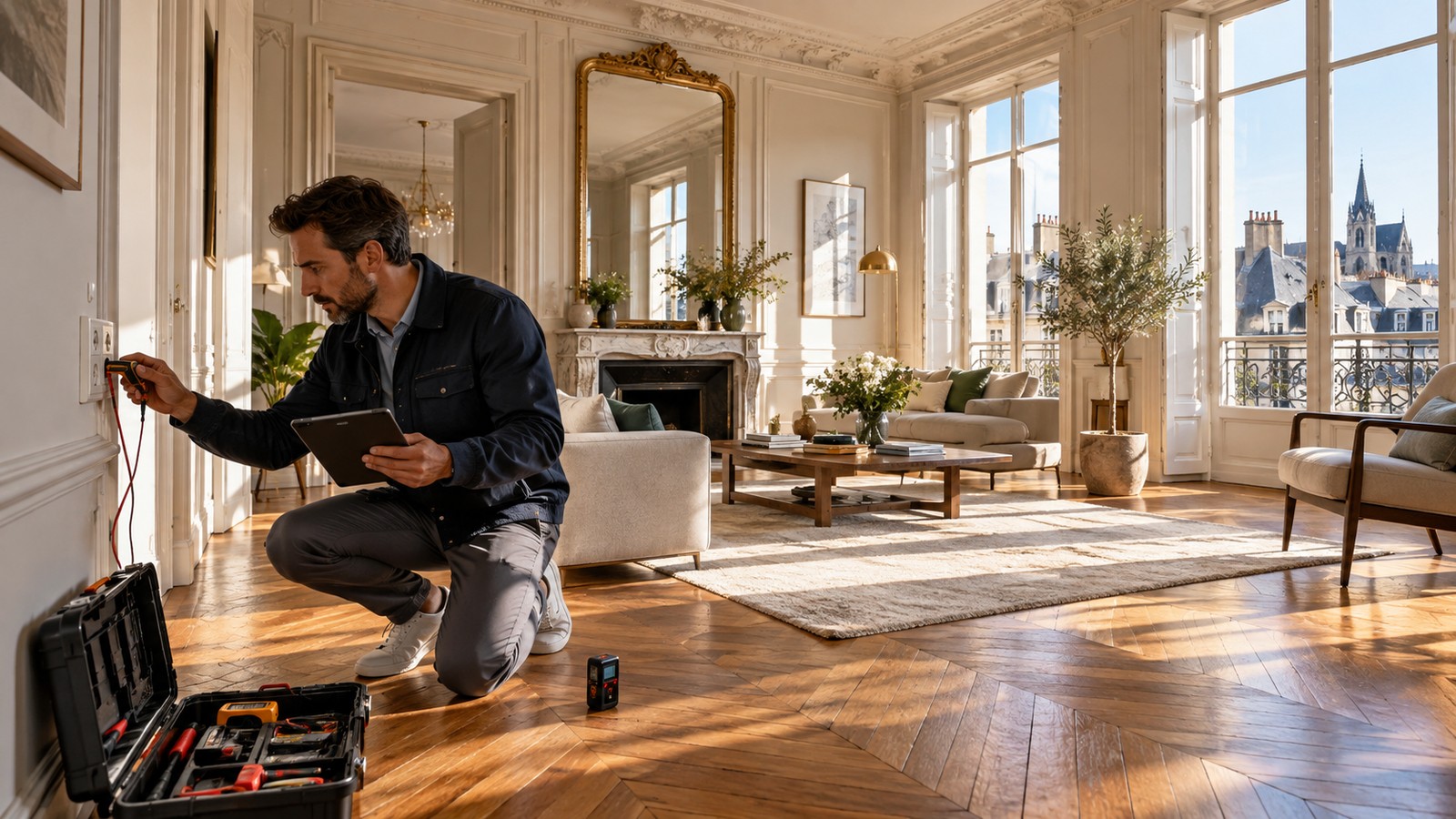 Diagnostiqueur immobilier réalisant un contrôle électrique dans un appartement ancien de Tours