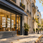 Vitrine d'une agence immobilière dans une rue bourgeoise à Tours en automne