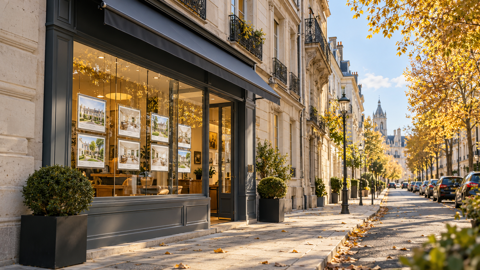 Vitrine d'une agence immobilière dans une rue bourgeoise à Tours en automne